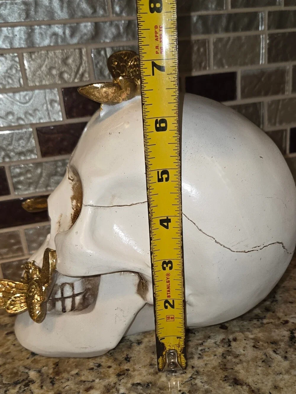 Decorative Resin Halloween Spooky White Skull with Gold Butterflies/moths
